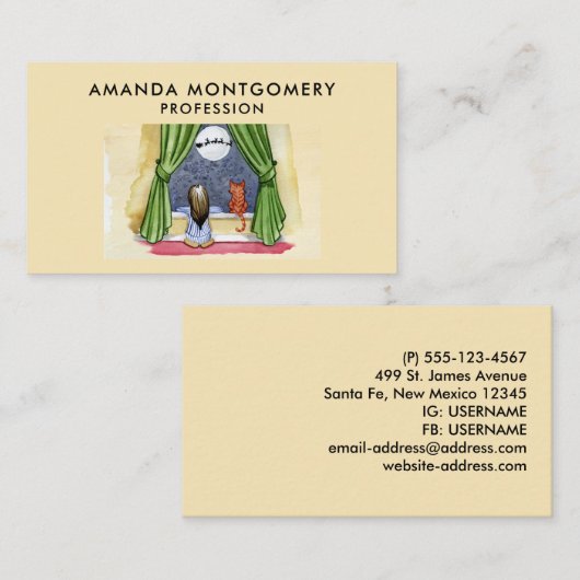 Kerstmis Waterverf Cute Child & Kitty Cat Visitekaartje (Voorkant / Achterkant)