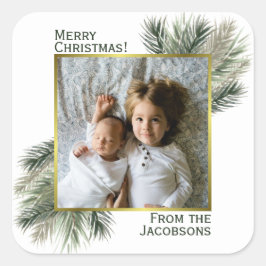 Kerstmis Waterverf Dennentak met Foto Vierkante Sticker