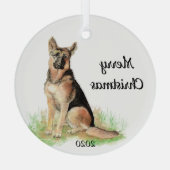 Kerstmis waterverf Duitse Herdershond met datum Glas Ornament (Achterkant)