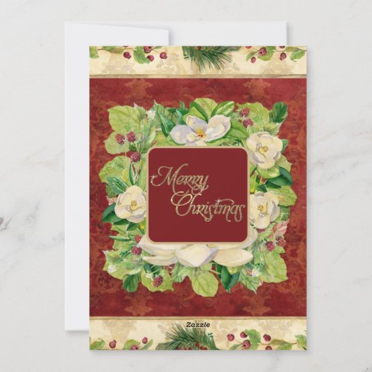 Kerstmis Waterverf Floral Magnolia Pine Wreate Feestdagenkaart (Achterkant)