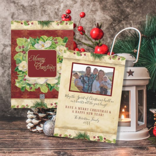 Kerstmis Waterverf Floral Magnolia Pine Wreate Feestdagenkaart