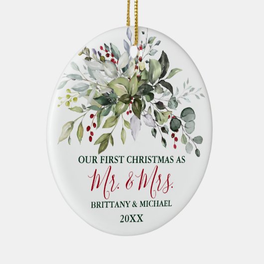 Kerstmis Waterverf Greenery Berries PHOTO BACK Keramisch Ornament (Rechts)