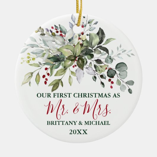 Kerstmis Waterverf Greenery Berries PHOTO BACK Keramisch Ornament (Voorkant)