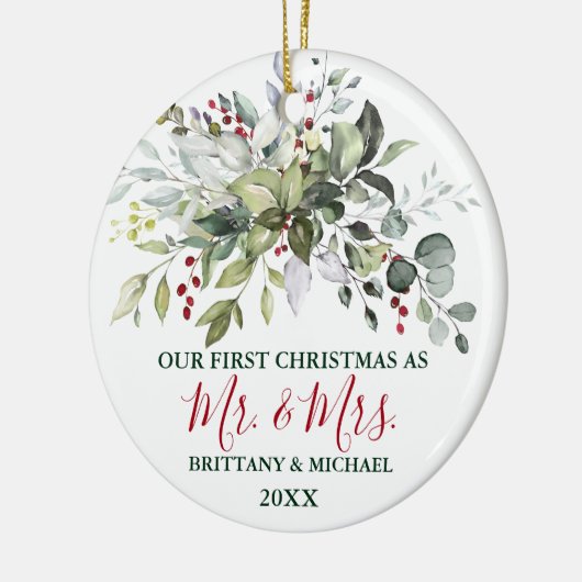 Kerstmis Waterverf Greenery Berries PHOTO BACK Keramisch Ornament (Links)