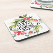 Kerstmis | Waterverf - Holiday Holly Wreath Bier Onderzetter (Linkerzijde)