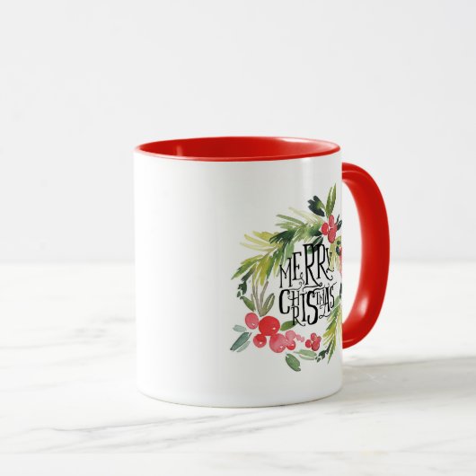 Kerstmis | Waterverf - Holiday Holly Wreath Mok (Voorkant rechts)