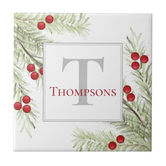 Kerstmis Waterverf Holly Berries Pine Greenery Tegeltje (Voorkant)