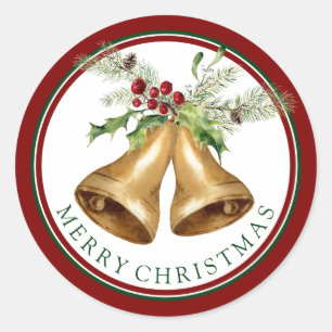 Kerstmis   Waterverf - Holly Mistletoe & Bells Ronde Sticker