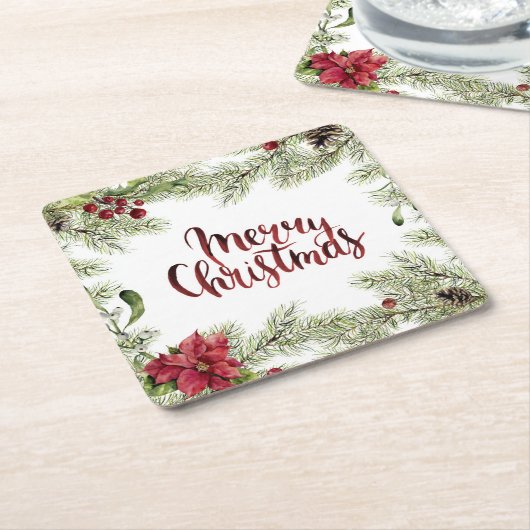 Kerstmis | Waterverf - Holly & Mistletoe Lijst Kartonnen Onderzetters (Schuin)