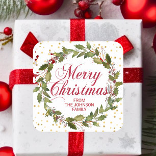 Kerstmis Waterverf Holly Wreator Gold Red White Vierkante Sticker