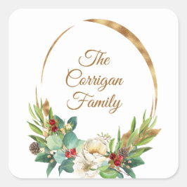 Kerstmis Waterverf Magnolia en Berry Wreath Vierkante Sticker