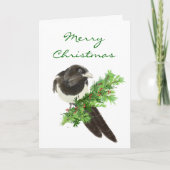 Kerstmis Waterverf Magpie Bird op Pine Branch Feestdagen Kaart (Voorkant)