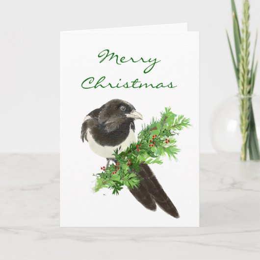 Kerstmis Waterverf Magpie Bird op Pine Branch Feestdagen Kaart (Voorkant)