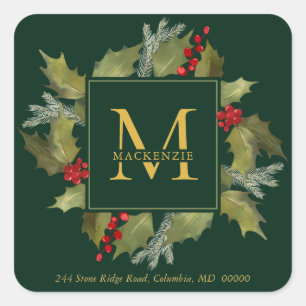 Kerstmis Waterverf Monogram Holly Wreate Green Vierkante Sticker