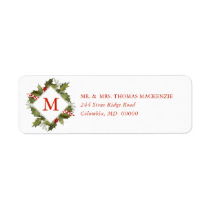 Kerstmis Waterverf Monogram Holly Wreath Etiket