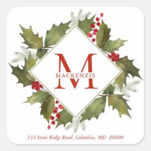 Kerstmis Waterverf Monogram Holly Wreator Red Vierkante Sticker