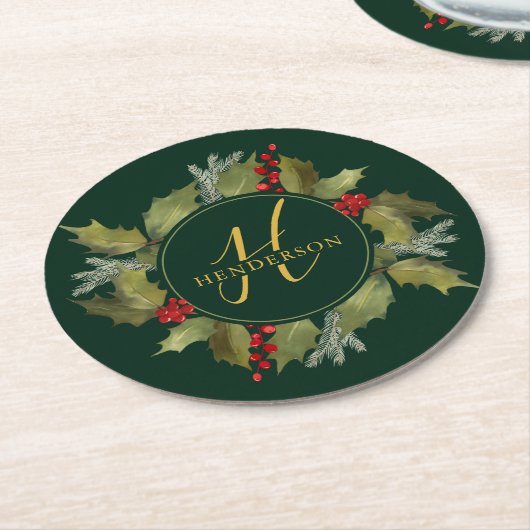 Kerstmis Waterverf Monogram Script Holly Wreate Ronde Kartonnen Onderzetter (Gebogen)