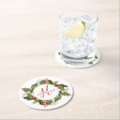 Kerstmis Waterverf Monogram Script Holly Wreate Ronde Kartonnen Onderzetter (Insitu)