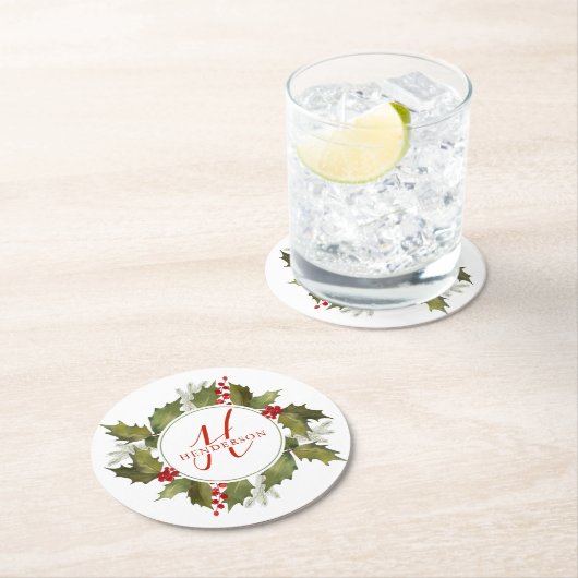 Kerstmis Waterverf Monogram Script Holly Wreate Ronde Kartonnen Onderzetter (Insitu)