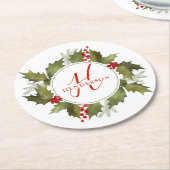 Kerstmis Waterverf Monogram Script Holly Wreate Ronde Kartonnen Onderzetter (Gebogen)