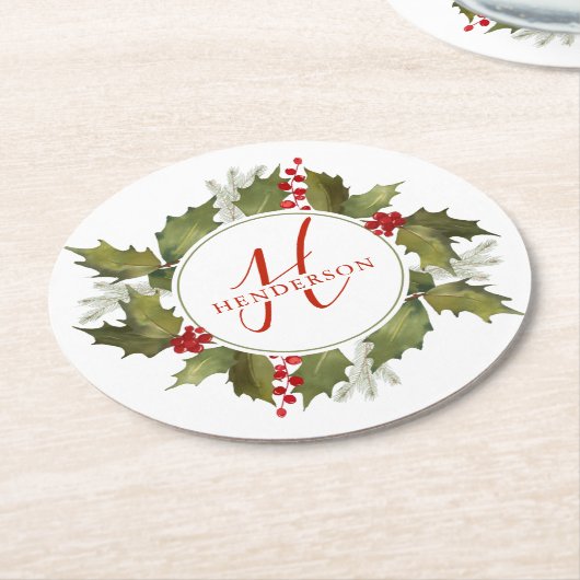 Kerstmis Waterverf Monogram Script Holly Wreate Ronde Kartonnen Onderzetter (Gebogen)