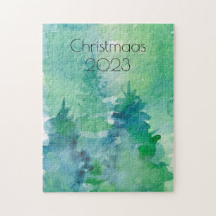 Kerstmis Waterverf Pine Trees Blue Green Legpuzzel