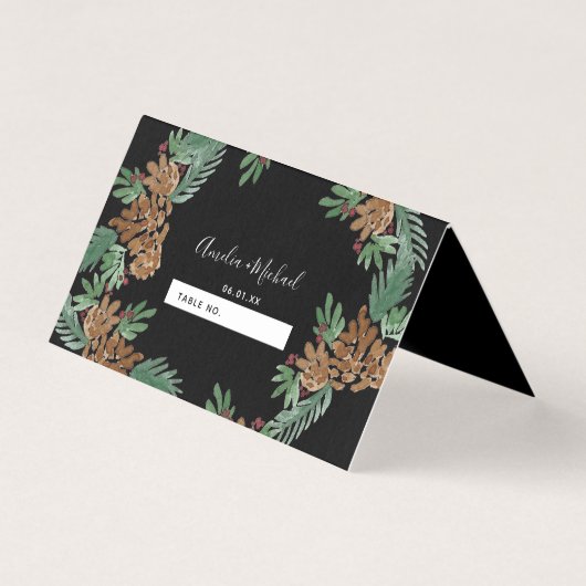 Kerstmis Waterverf Pinecones Wedding Seating Kaart (Voorkant)