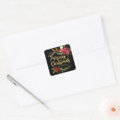 Kerstmis Waterverf Poinsettia Gold Red Black Vierkante Sticker (Envelop)