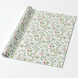 Kerstmis Waterverf Red Green Holly Berry Foliage Cadeaupapier