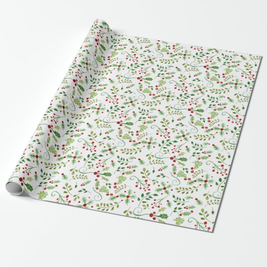 Kerstmis Waterverf Red Green Holly Berry Foliage Cadeaupapier (Uitgerold)