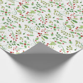 Kerstmis Waterverf Red Green Holly Berry Foliage Cadeaupapier (Hoek)