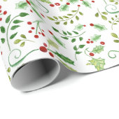 Kerstmis Waterverf Red Green Holly Berry Foliage Cadeaupapier (Rol Hoek)