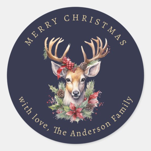 Kerstmis Waterverf Rendier met Hulst Bessen Ronde Sticker (Voorkant)