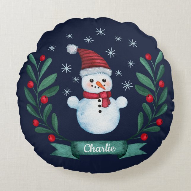 Kerstmis - Waterverf Snowman - Aangepaste marine b Rond Kussen (Voorkant)
