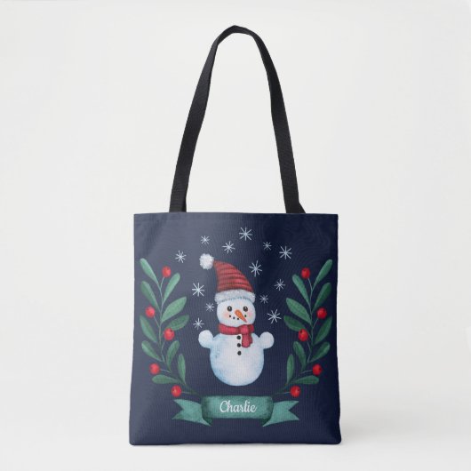 Kerstmis - Waterverf Snowman - Aangepaste marine b Tote Bag (Voorkant)