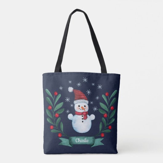 Kerstmis - Waterverf Snowman - Aangepaste marine b Tote Bag (Achterkant)