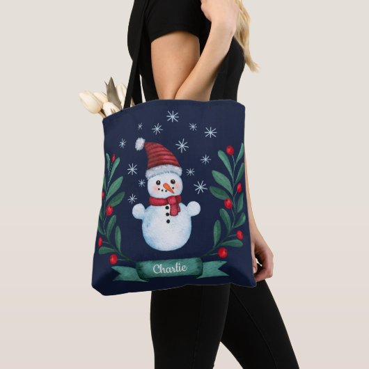 Kerstmis - Waterverf Snowman - Aangepaste marine b Tote Bag (Dichtbij)