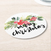 Kerstmis | Waterverf - Vrolijk kerstfeest Holly Ronde Kartonnen Onderzetter (Gebogen)
