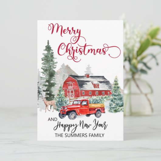 Kerstmis Waterverf Winter Barn Country Truck Feestdagenkaart (Staand voorkant)