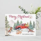 Kerstmis Waterverf Winterfox serie Red Truck Feestdagenkaart (Staand voorkant)