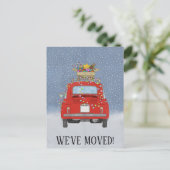Kerstmis We hebben verhuisd rode auto met verlicht Briefkaart (Staand voorkant)