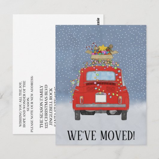Kerstmis We hebben verhuisd rode auto met verlicht Briefkaart (Voorkant / Achterkant)