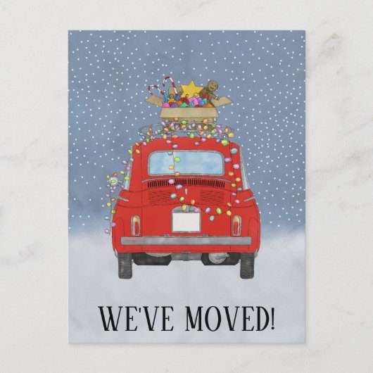 Kerstmis We hebben verhuisd rode auto met verlicht Briefkaart (Voorkant)