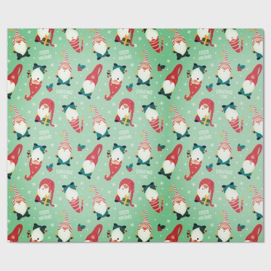 Kerstmis - Whimsical Gnome Kersttijd Groen Cadeaupapier (Vlak)