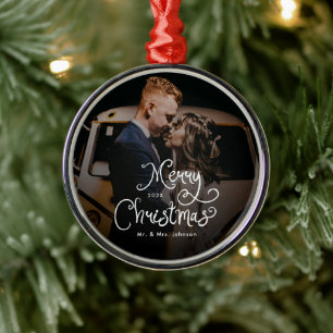 Kerstmis Whimsical Script  Aangepaste foto  Metalen Ornament