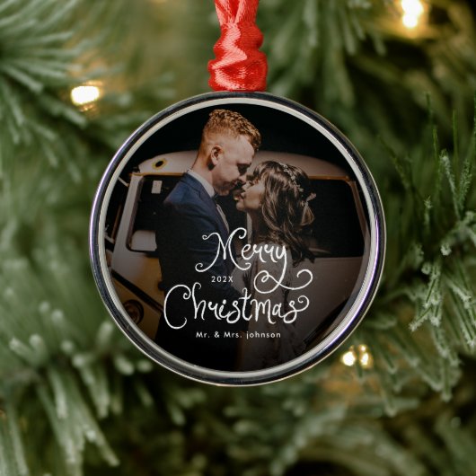Kerstmis Whimsical Script Aangepaste foto Metalen Ornament (Boom)
