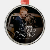 Kerstmis Whimsical Script Aangepaste foto Metalen Ornament (Voorkant)