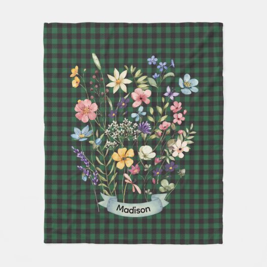 Kerstmis wilde bloem groene baffalo plaid monogram fleece deken (Voorkant)