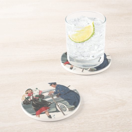 Kerstmis, winkelende Cadeaus politieman Zandsteen Onderzetter (Zijkant)