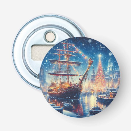 Kerstmis/Winter aangemeerd schip Button Flesopener (Voorkant)